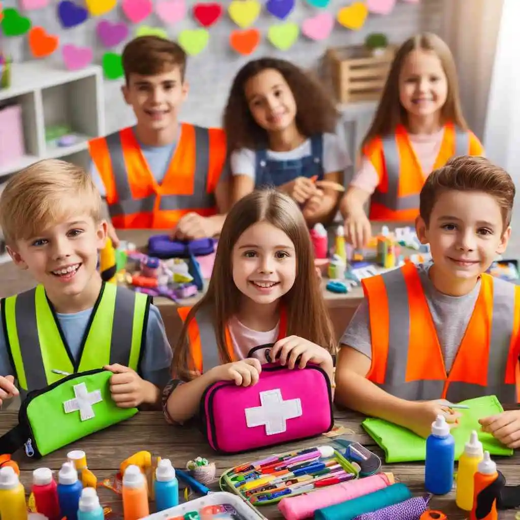 Children crafting safety gear at a table.