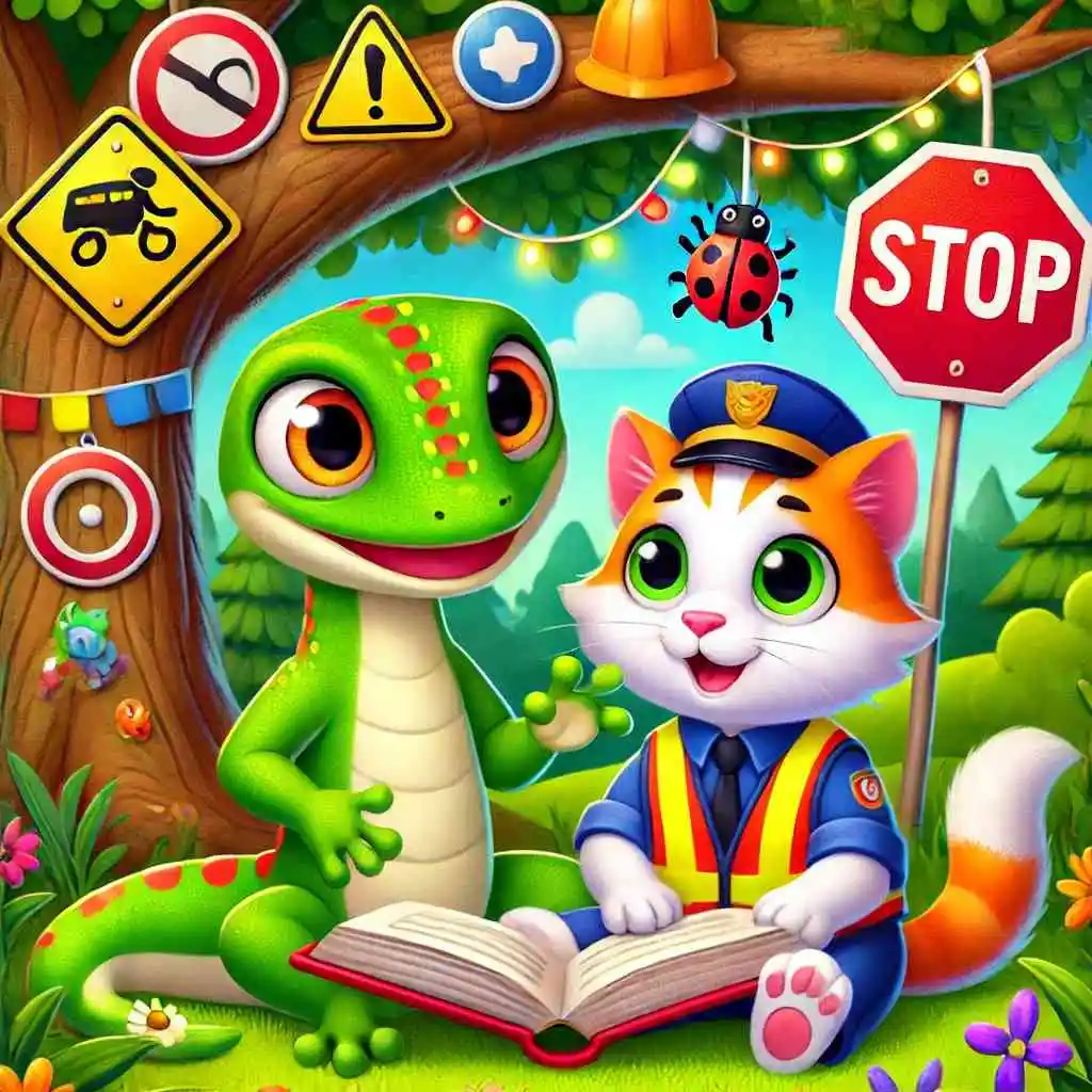 Guy the Gecko and Cesar the Cat reading a colorful storybook under a tree in a whimsical forest