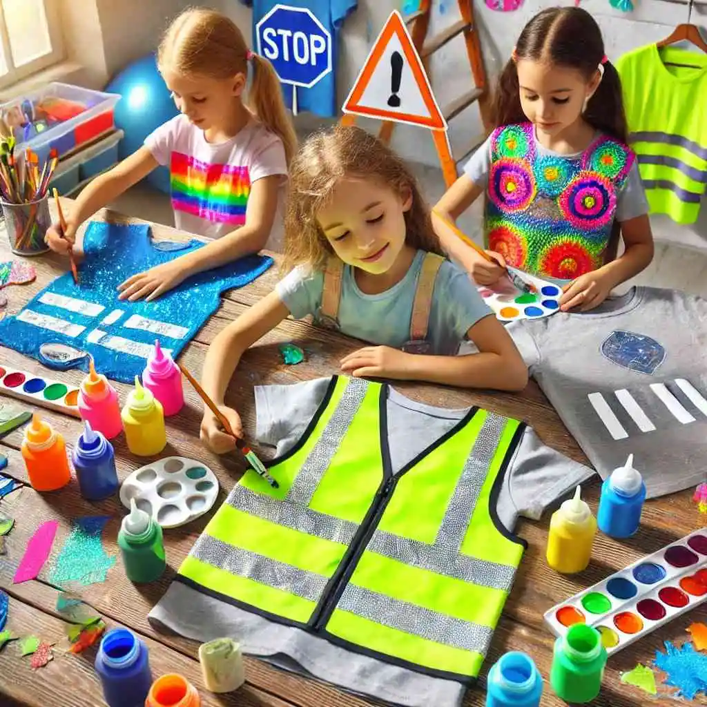 Children making reflective gear with T-shirts, tape, and paint.