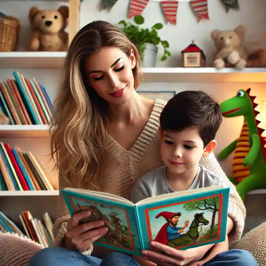 Parent reading a storybook to a child in a cozy nook