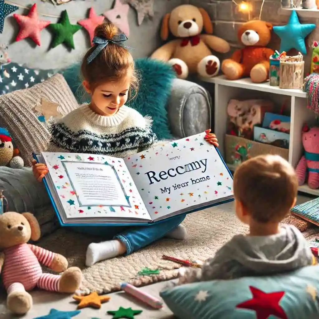 Child reading a personalized book in a cozy reading nook