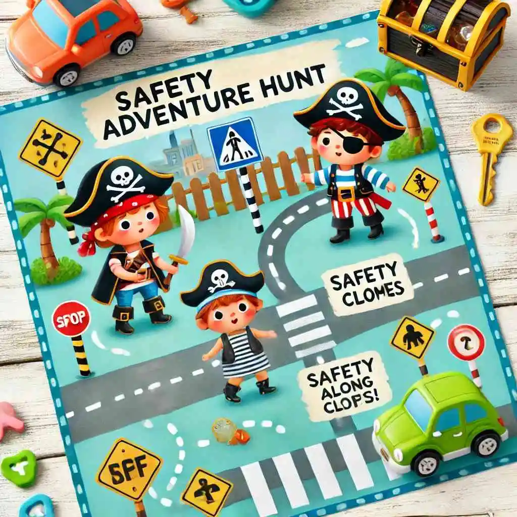 Pirate-themed safety adventure hunt illustration for kids.