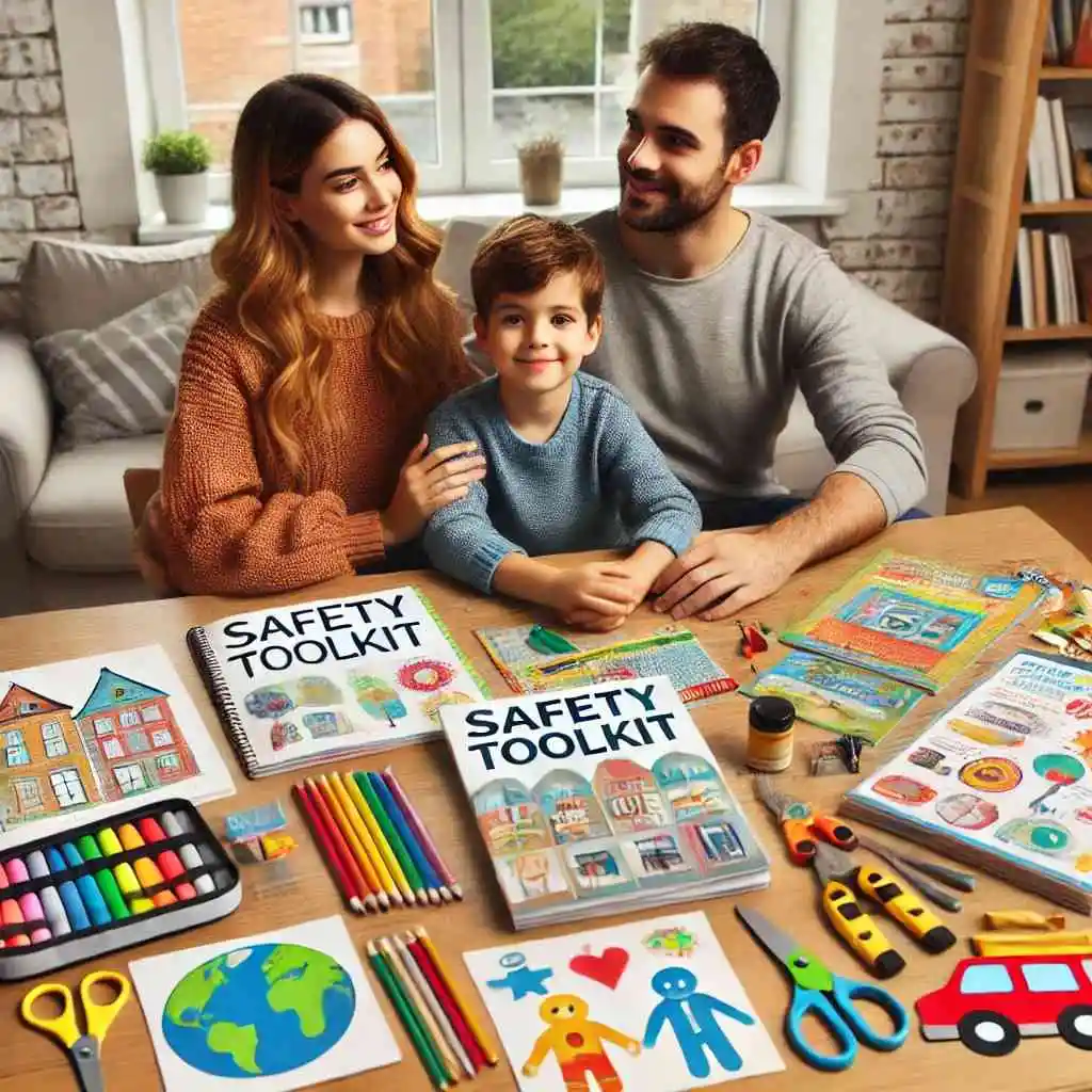 Family engaging with colorful safety toolkit materials at a table