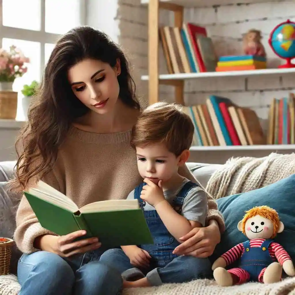 Parent and child reading a book together on a cozy couch