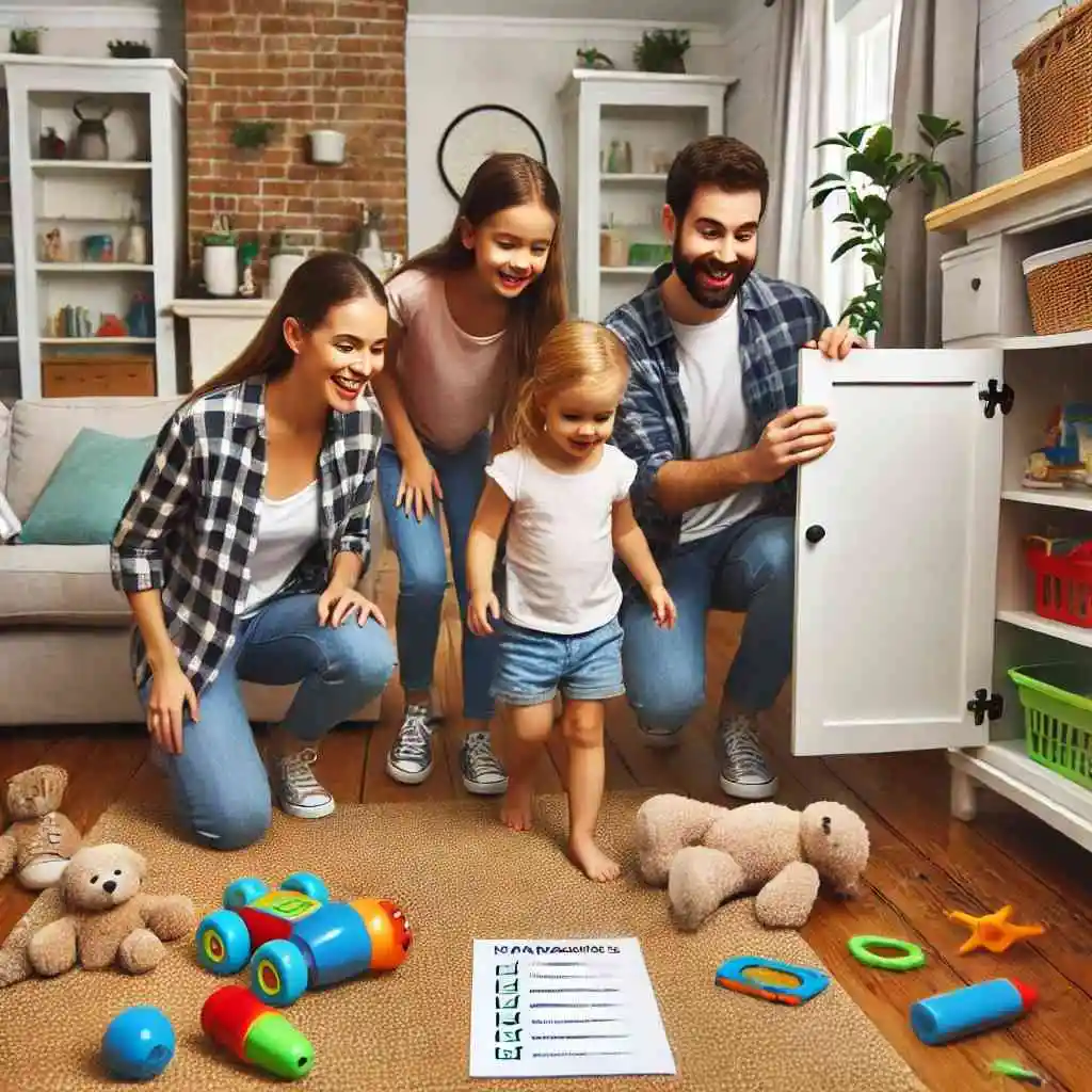 Family playing safety scavenger hunt in living room