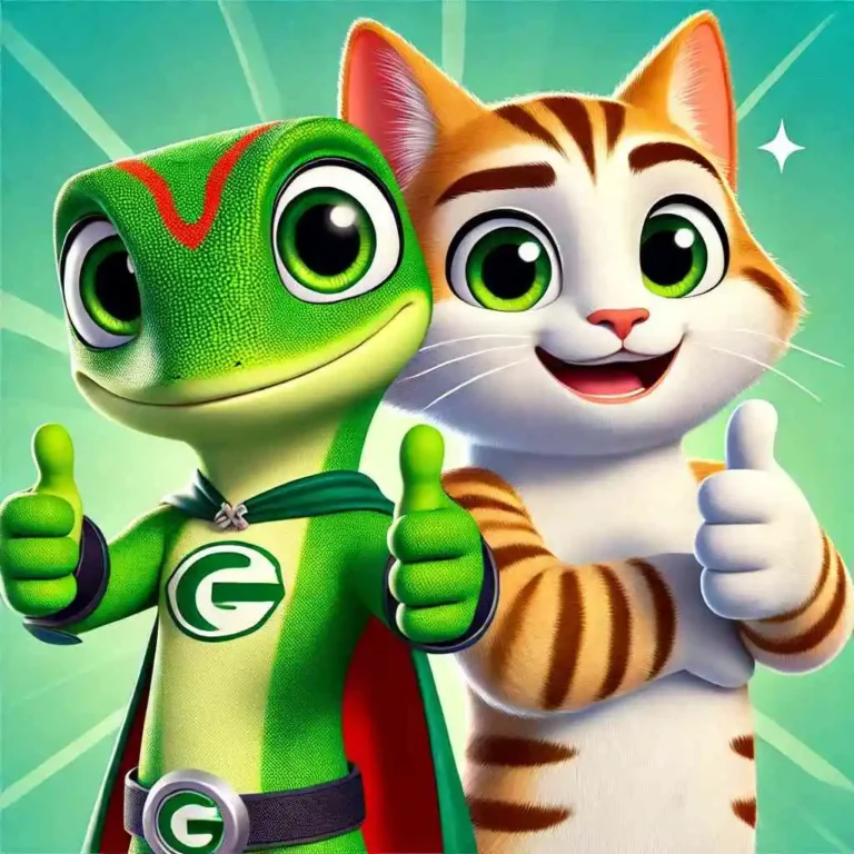 Guy the Guardian Gecko and Cesar the Clever Cat smiling and giving a thumbs up.