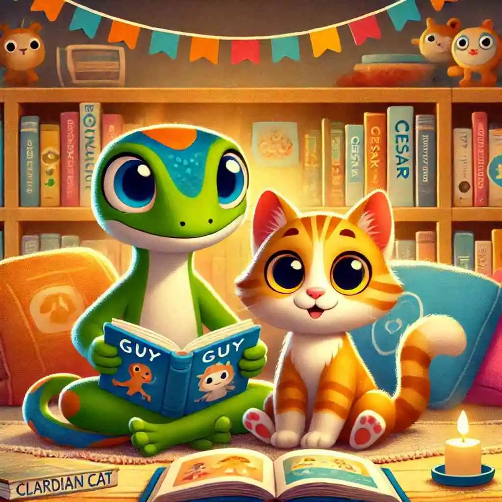 Guy the Guardian Gecko and Cesar the Clever Cat reading a book together in a cozy, colorful shop setting, surrounded by bookshelves filled with children's books, cushions, and warm lighting.