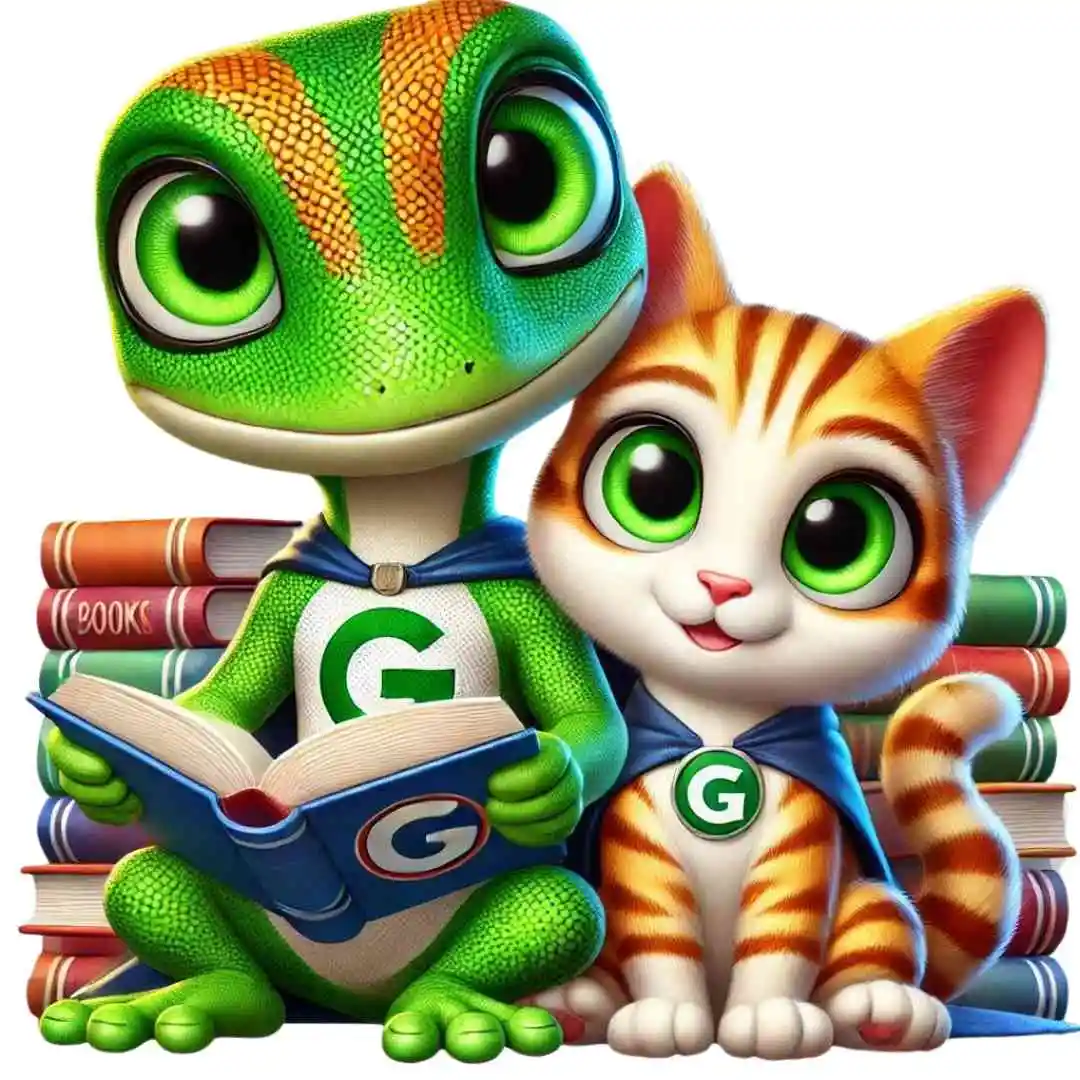 Guy the Gecko and Cesar the Cat, wearing superhero capes with their respective "G" logos, sitting together while reading a book, with a stack of books in the background. Both characters have large, expressive eyes and a playful, inviting look.