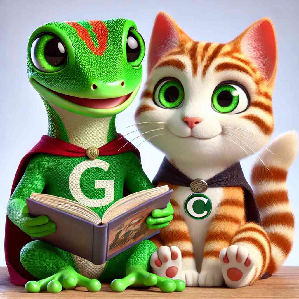 Guy the gecko wearing a green cape with a 'G' logo, sitting next to Cesar the cat, an orange-striped cat with a black cape and 'C' logo. Both characters are holding a book and smiling warmly.