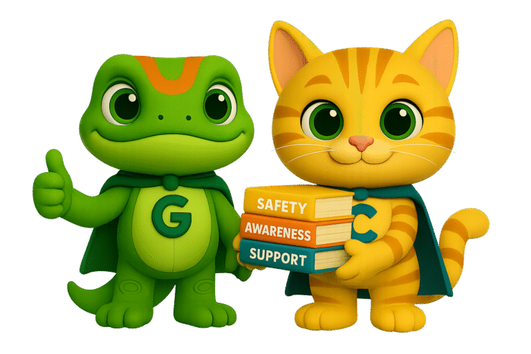 Guy the gecko giving a thumbs up and Cesar the cat holding books labeled Safety, Awareness, and Support