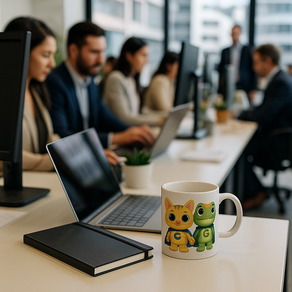 Modern open-plan office with professionals collaborating during an awareness campaign meeting, featuring a branded mug and notebook on the desk.