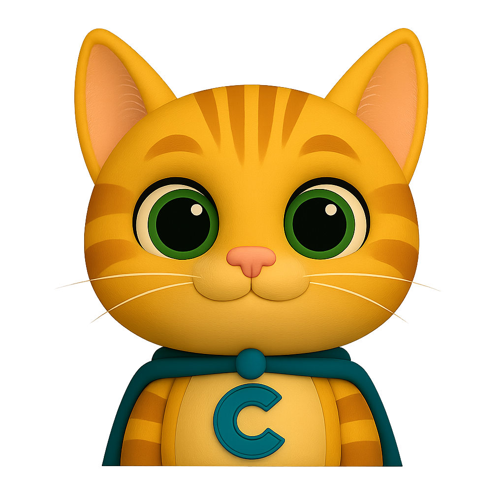 Cartoon cat superhero character named Cesar, head and shoulders view, wearing a teal cape and a chest emblem with the letter C.