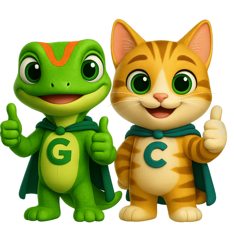 Guy the Guardian Gecko and Cesar the Clever Cat smiling and giving thumbs up, inviting visitors to get in touch with the Guy and Cesar team for proactive child protection resources and support.