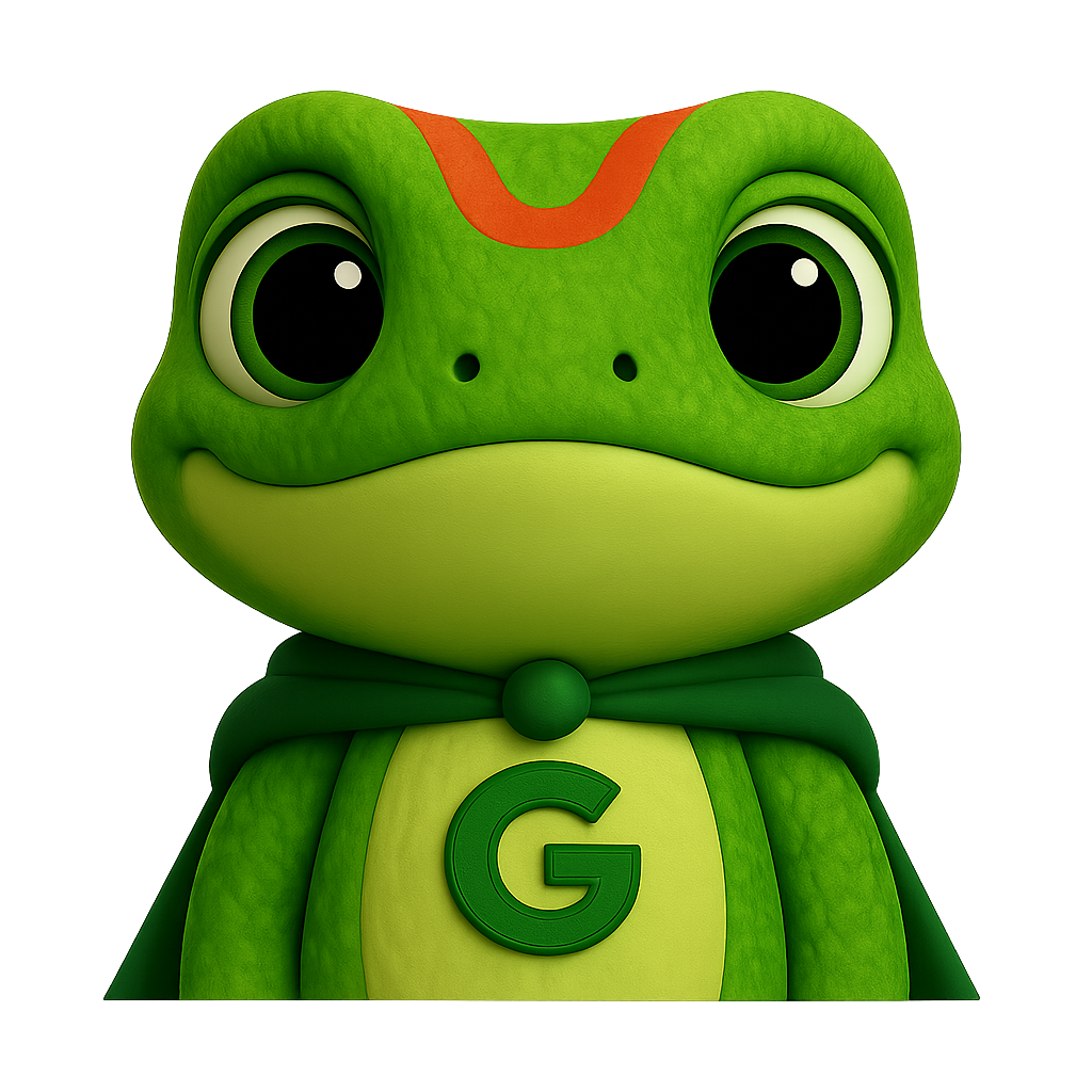 Cartoon gecko superhero character named Guy, head and shoulders view, wearing a green cape and a chest emblem with the letter G.