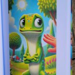 Inside illustration of Guy the Gecko crossing his arms with a sun and trees in the background.