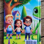 Back cover of Guy & Cesar’s Safe Circle showing children holding hands with Guy the Gecko and a barcode.