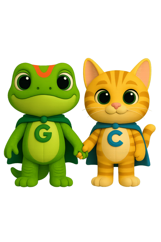 Front view of Guy the gecko and Cesar the cat holding hands, both smiling in superhero capes with letters G and C on their chests.