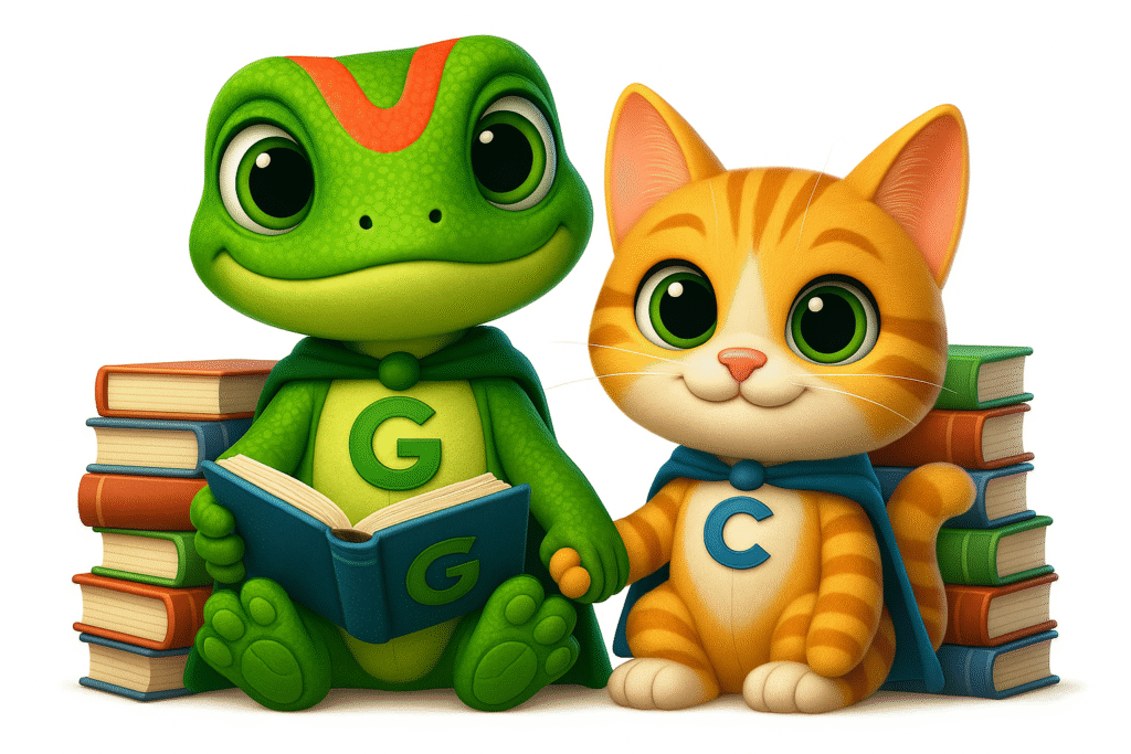 Guy the gecko and Cesar the cat sitting together surrounded by books, promoting child protection and education.
