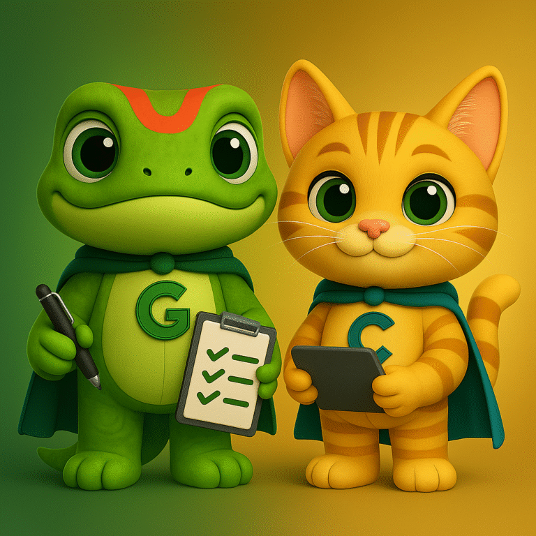 Guy and Cesar characters holding a clipboard and tablet, representing child safety, feedback, and support through proactive awareness and education.
