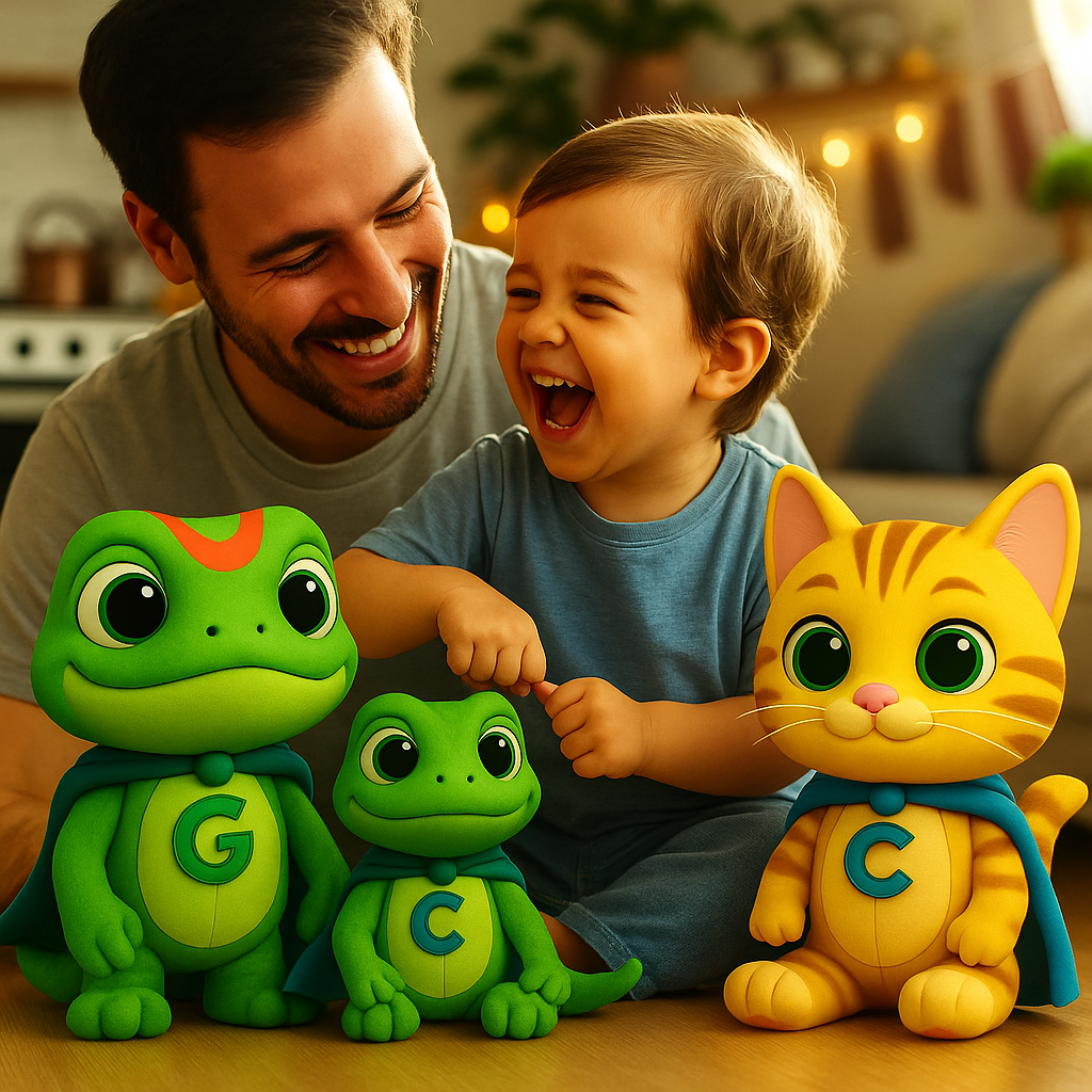 A smiling father and his young child happily playing with the characters Guy the Gecko and Cesar the Cat, who wear superhero capes with the letters G and C on their chests, symbolizing safety, learning, and teamwork.