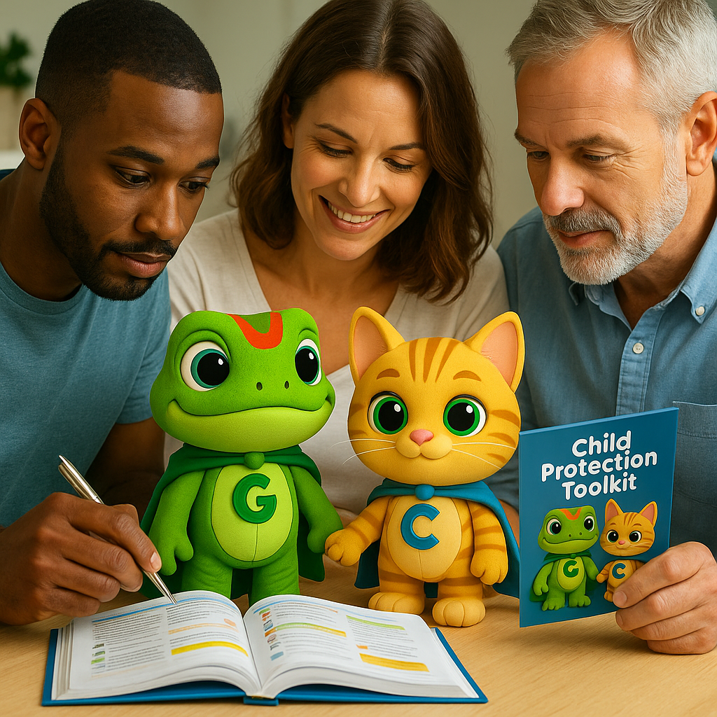 Adults learning how to use Guy and Cesar child protection toolkits during a training session, guided by illustrated characters Guy the Gecko and Cesar the Cat.