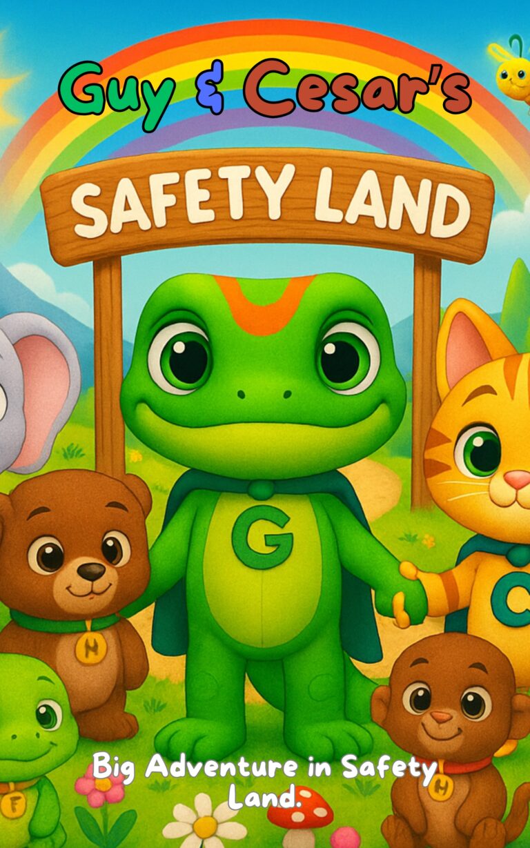 Guy and Cesar standing in front of the Safety Land entrance with their friends, smiling under a rainbow, ready for a big adventure that teaches safety and awareness.