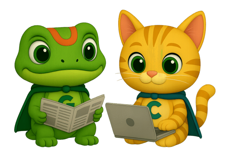 Guy the gecko and Cesar the cat reading safety news on a laptop — symbolising learning from real child protection stories and promoting prevention awareness in the UK.