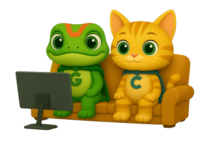Guy the gecko and Cesar the cat sitting on a sofa watching TV in a warm, cozy setting — representing learning from real documentaries about child protection and awareness.