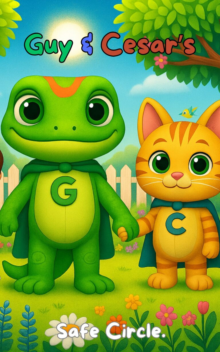 Guy and Cesar standing together in a bright, friendly garden, holding hands in their Safe Circle superhero capes with the letters G and C on their chests.