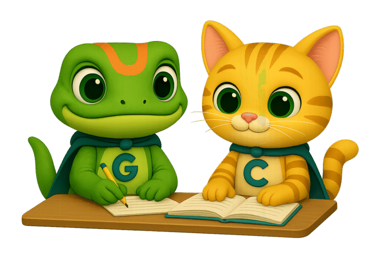 Guy the gecko and Cesar the cat sitting at a desk writing notes together, representing proactive learning and documenting lessons from real child protection stories.