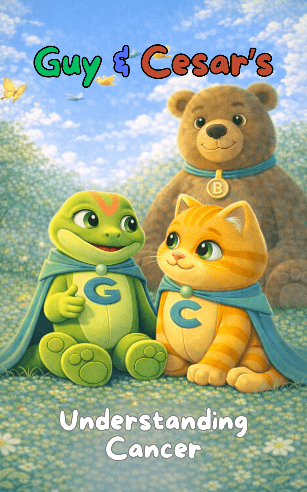 Understanding Cancer children’s book cover by Guy & Cesar featuring Bruno the Bear offering emotional support