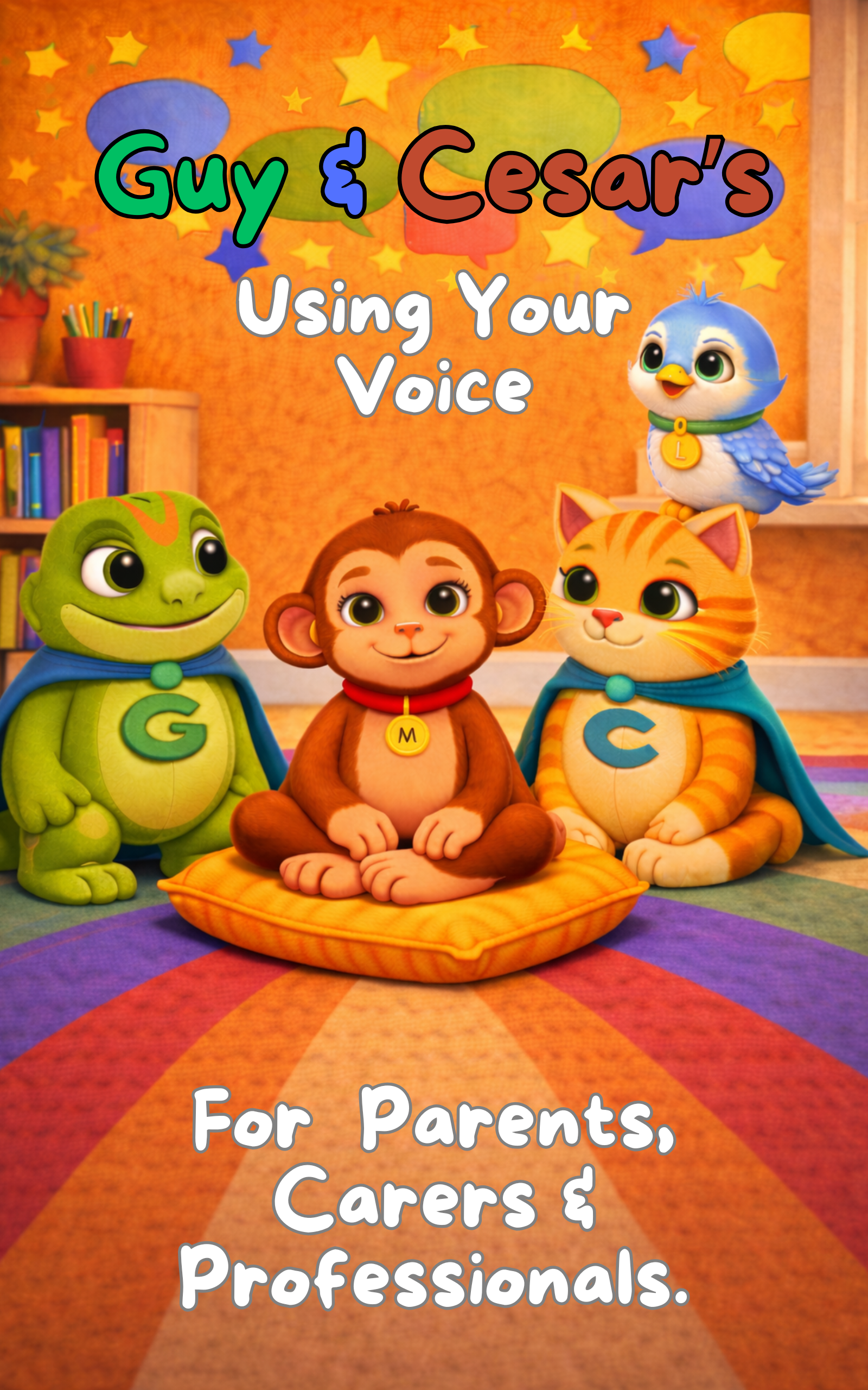 Illustrated cover showing Guy the Guardian Gecko, Cesar the Clever Cat, Milo the Monkey, and Lumi the Bluebird sitting together calmly in a classroom, representing communication, support, and trust.