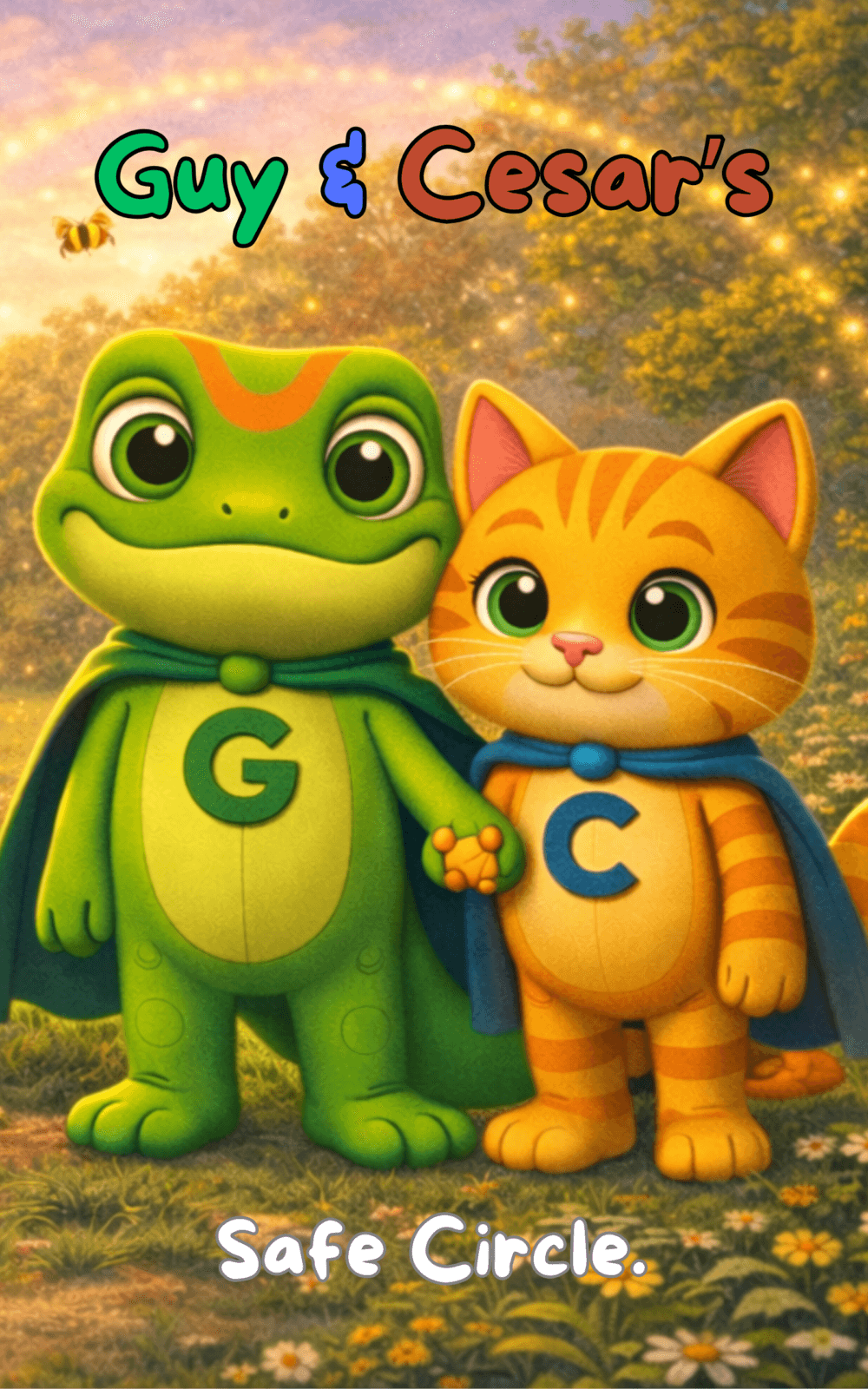 Safe Circle children’s book cover by Guy & Cesar showing Guy the Guardian Gecko and Cesar the Clever Cat standing together in a sunny meadow
