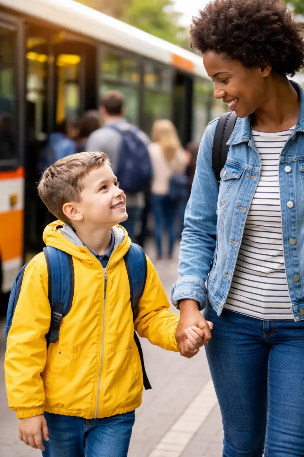 Child holding a parent’s hand while waiting safely on a train platform