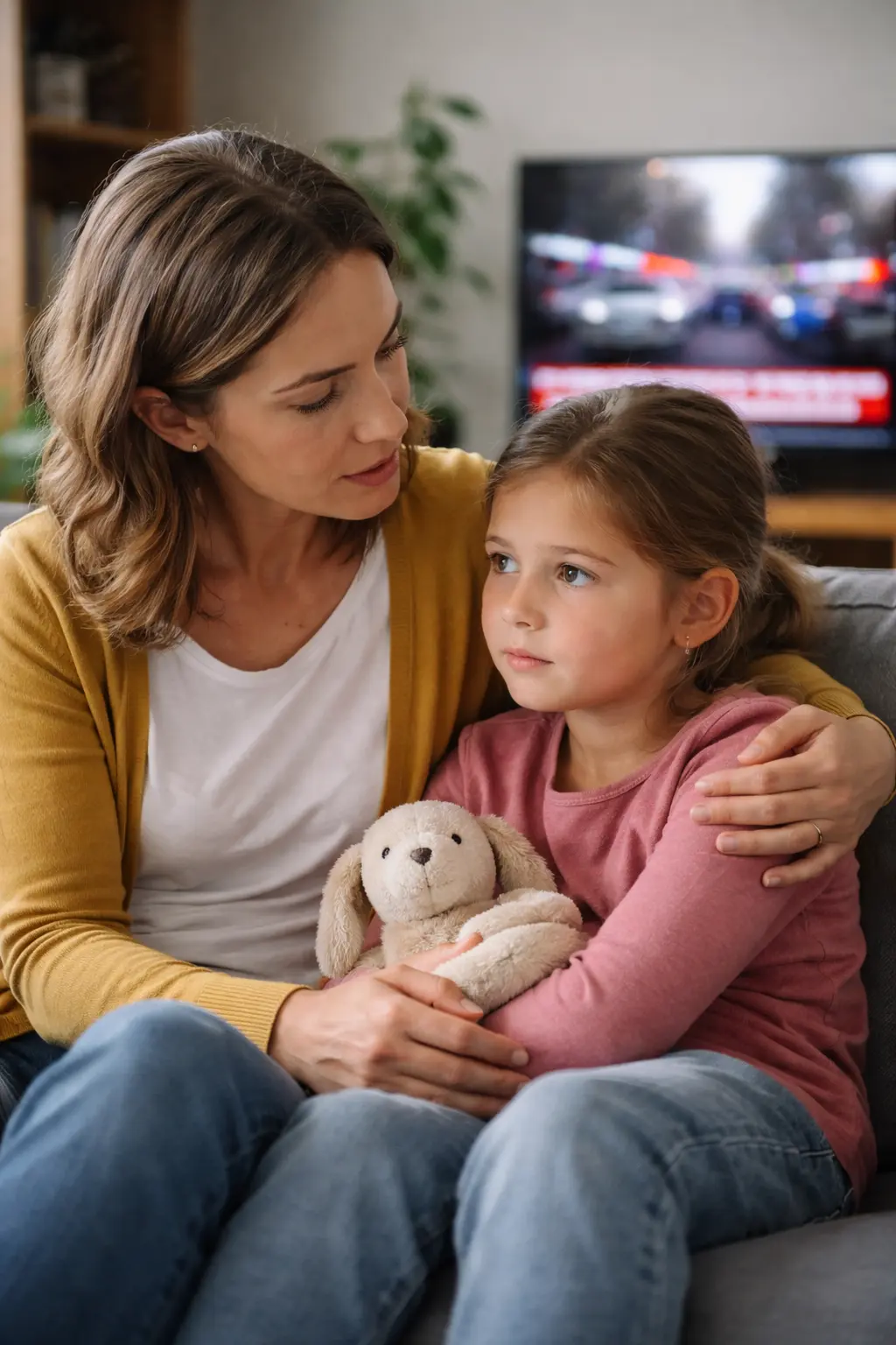Parent calmly talking with a child on a sofa after seeing an upsetting news story