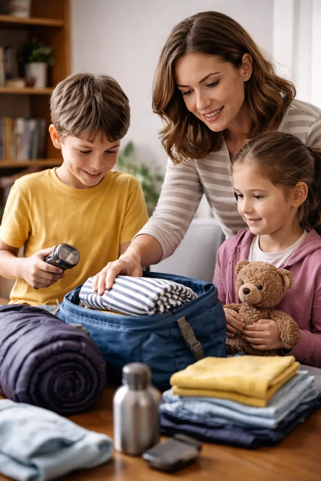 Parent helping children pack calmly for a school trip or overnight stay