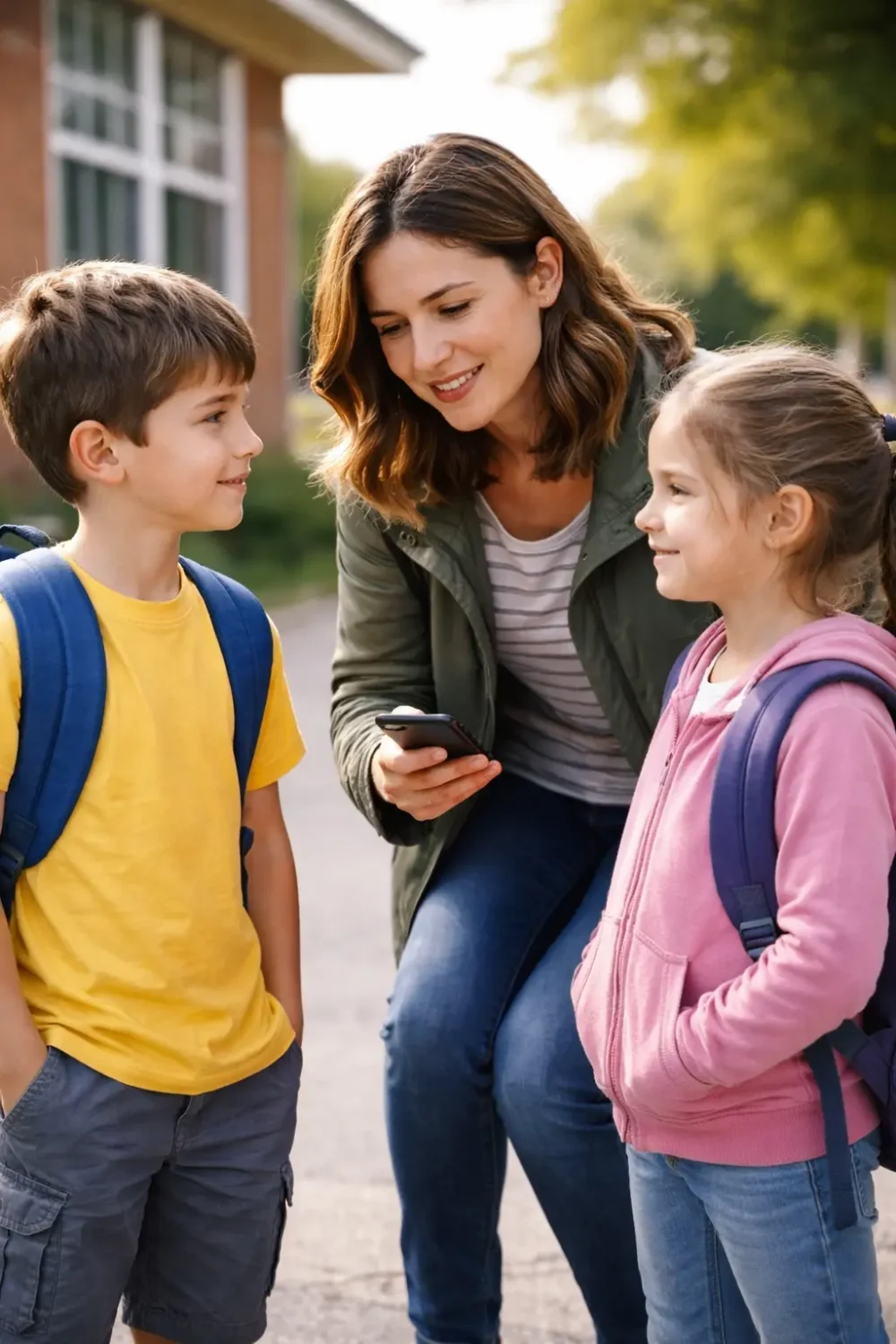 Parent talking with two children outside school about getting home safely and on time