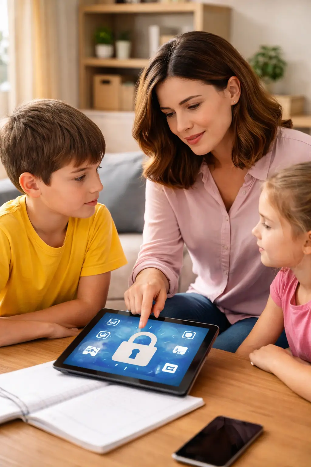 Parent teaching children about private and personal information online using a tablet