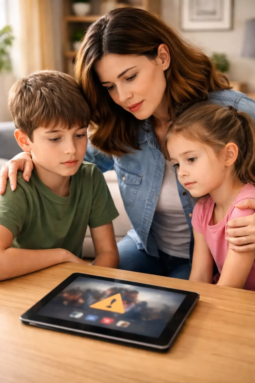 Parent comforting children after they saw upsetting or violent videos online on a tablet