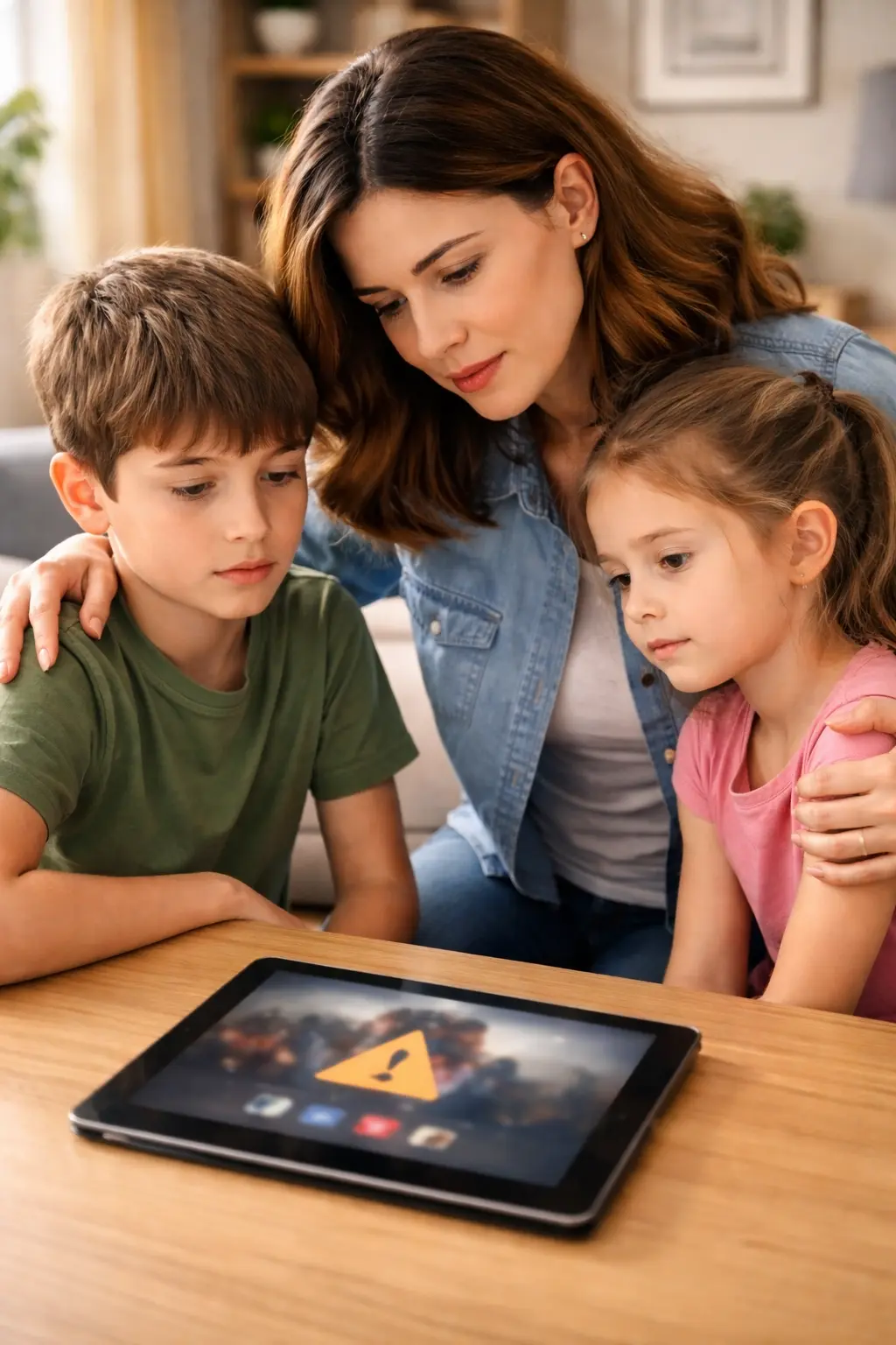 Parent comforting children after they saw upsetting or violent videos online on a tablet