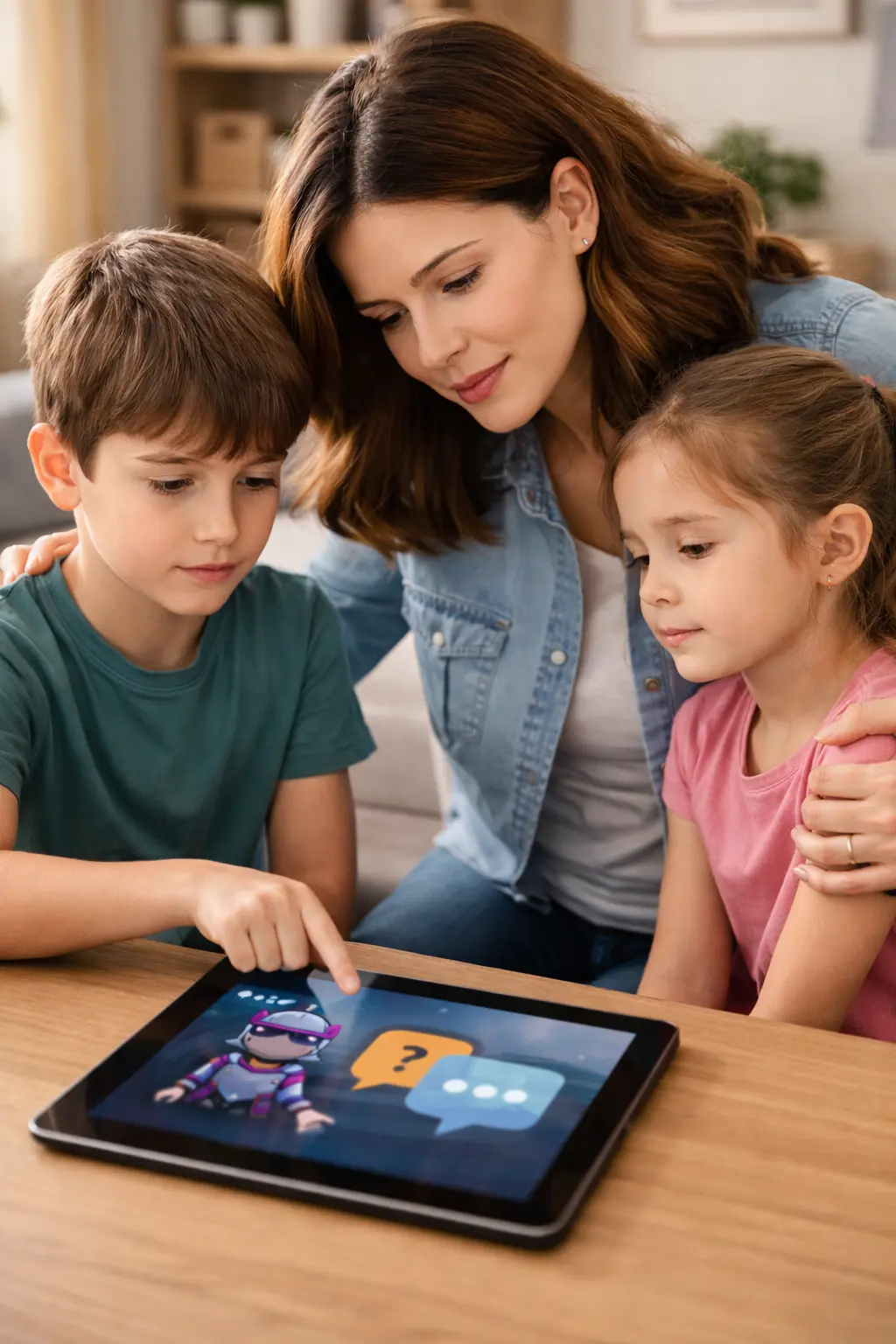 Parent teaching children about online friends, in-game chat and messaging on a tablet