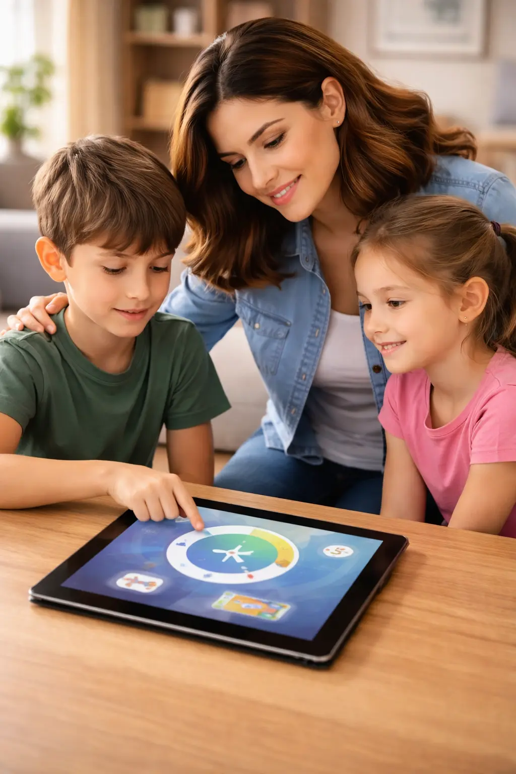 Parent helping children follow safe screen time boundaries using a tablet timer