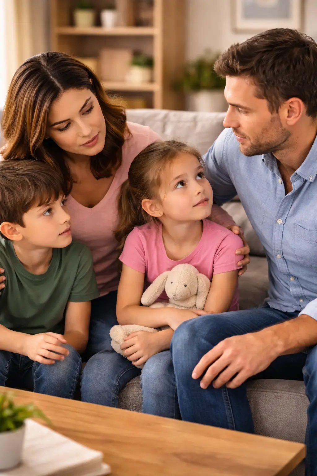 Family talking together in a cosy living room during a calm, difficult conversation
