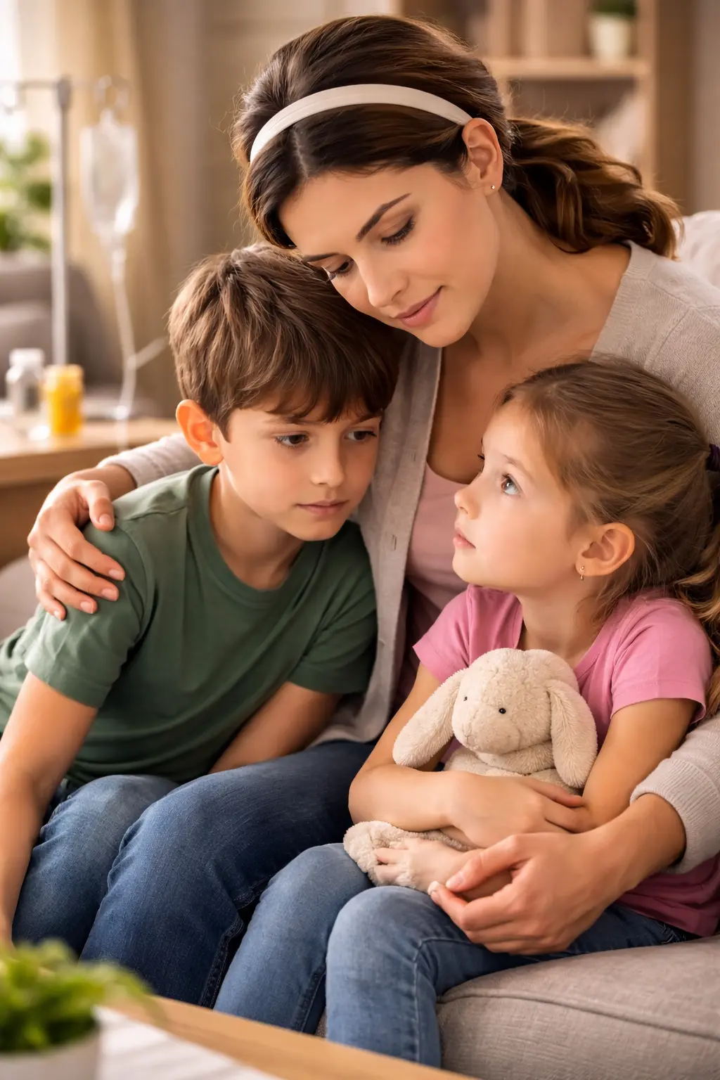 Child worried about a parent’s health while being comforted in a calm living room setting