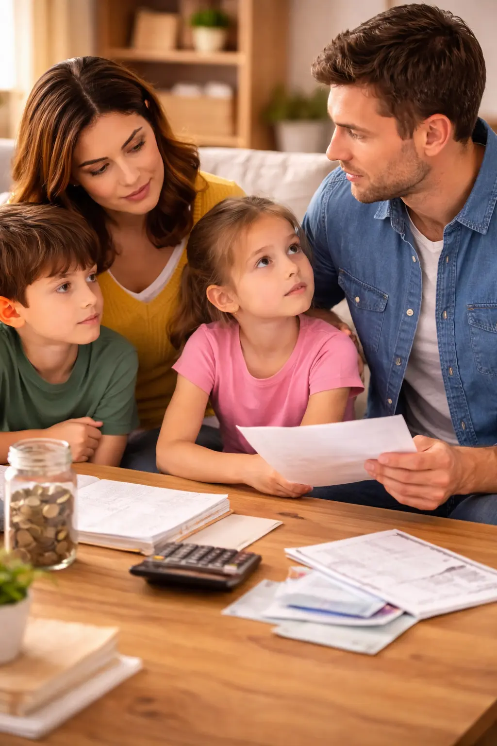 Family talking calmly at a table about family money worries in a supportive home setting
