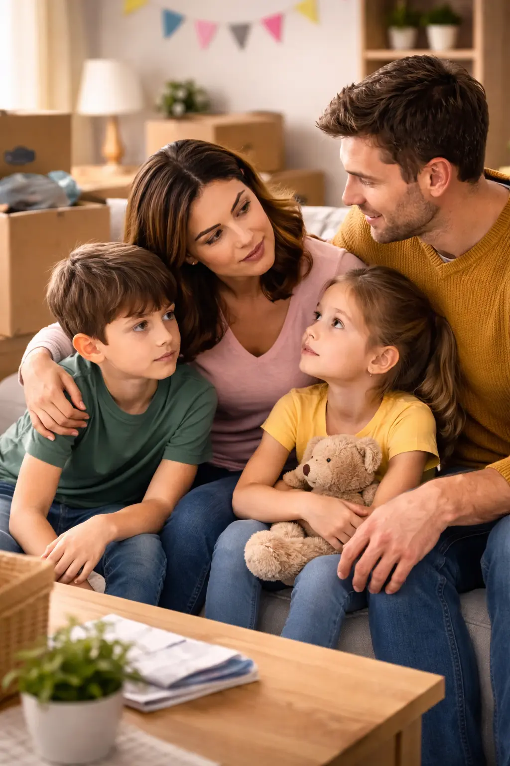Family sitting together during a calm conversation about big family changes in a new home setting