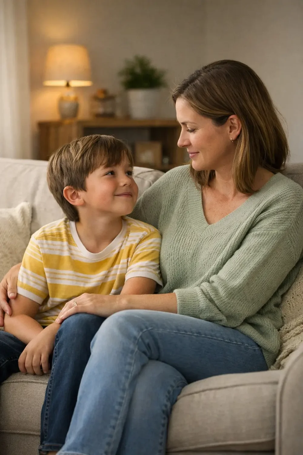 Parent and child sitting together in a calm home setting, showing a safe and supportive space for conversation