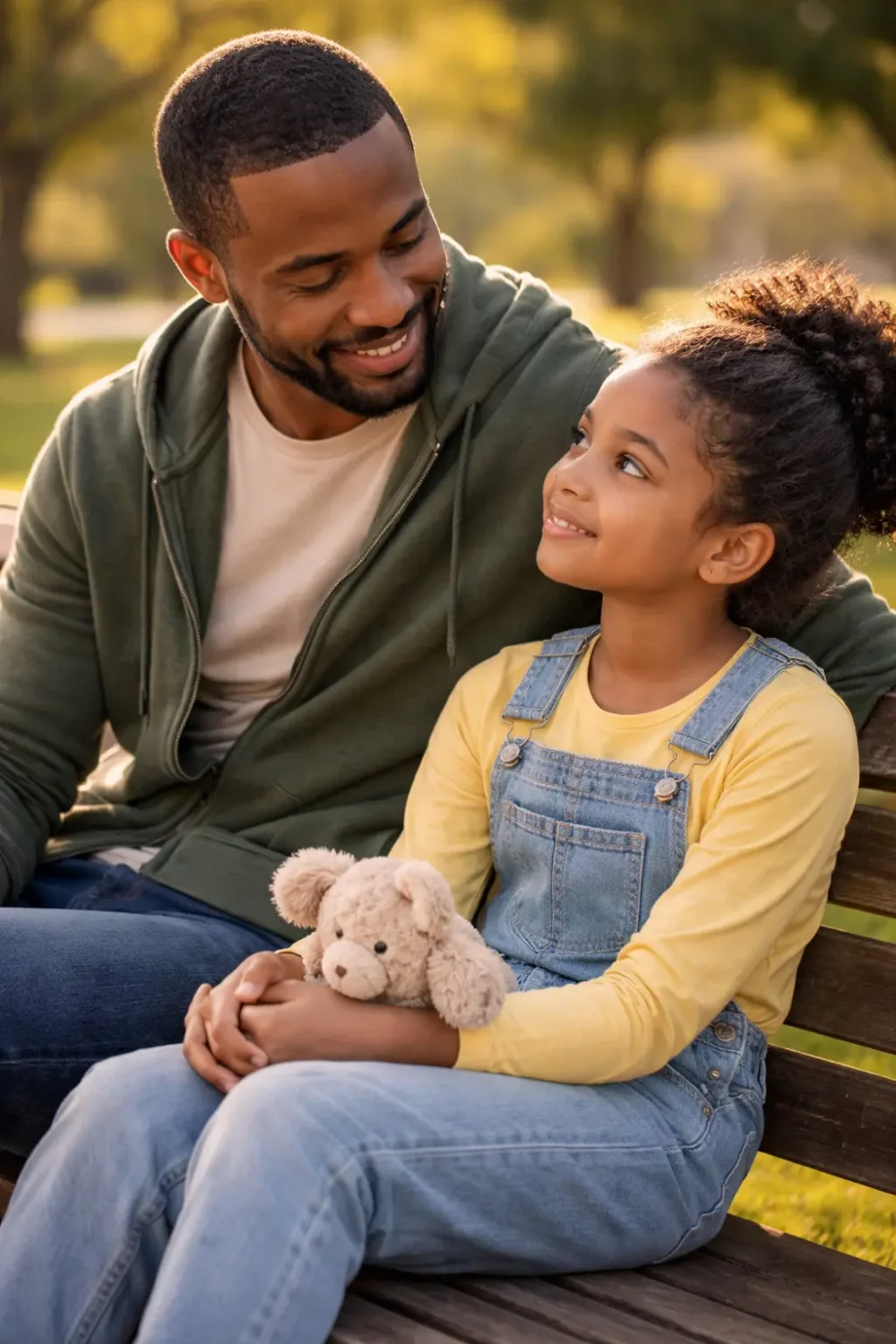 Father and child sitting together on a park bench in a calm outdoor setting, showing a safe and supportive moment for conversation