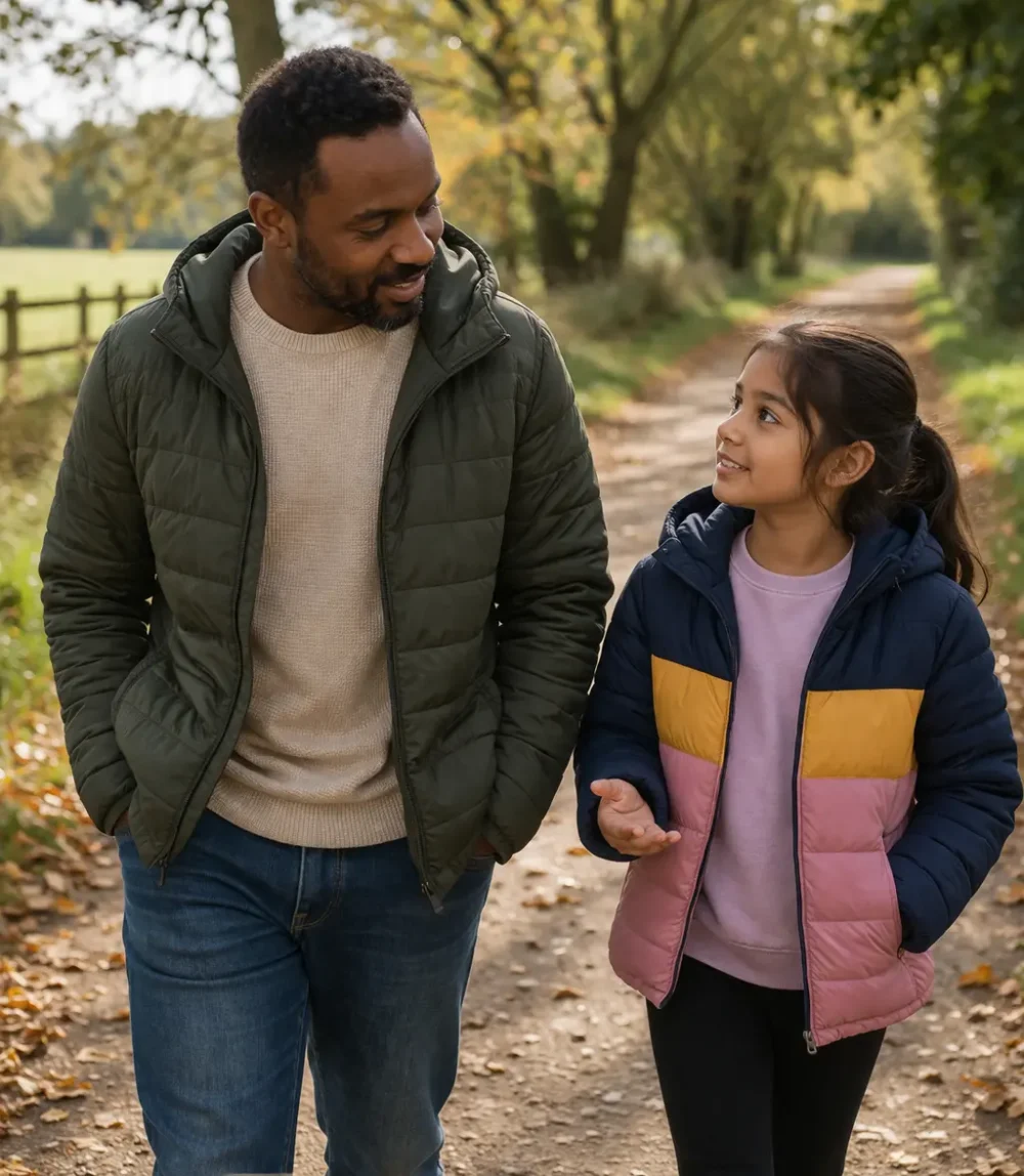 Adult and child walking side by side along a quiet outdoor path, showing a calm and supportive space for conversation