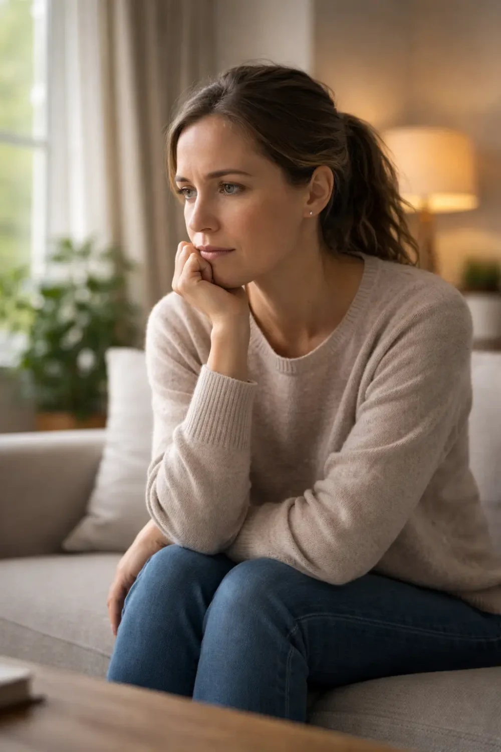 Thoughtful adult sitting in a calm home setting, reflecting on how to support serious conversations with children